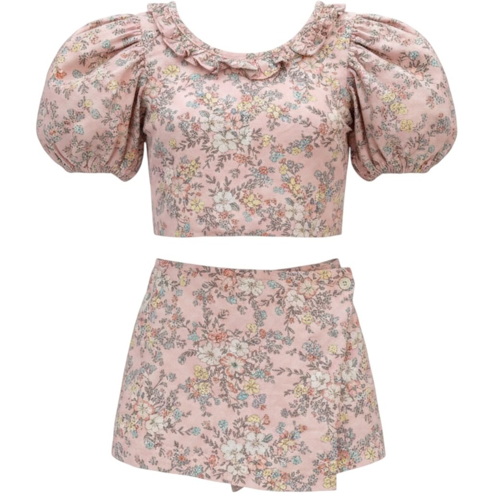 Little miss Girls Pink Floral Puff Sleeve Crop Top and Skort Set 4T